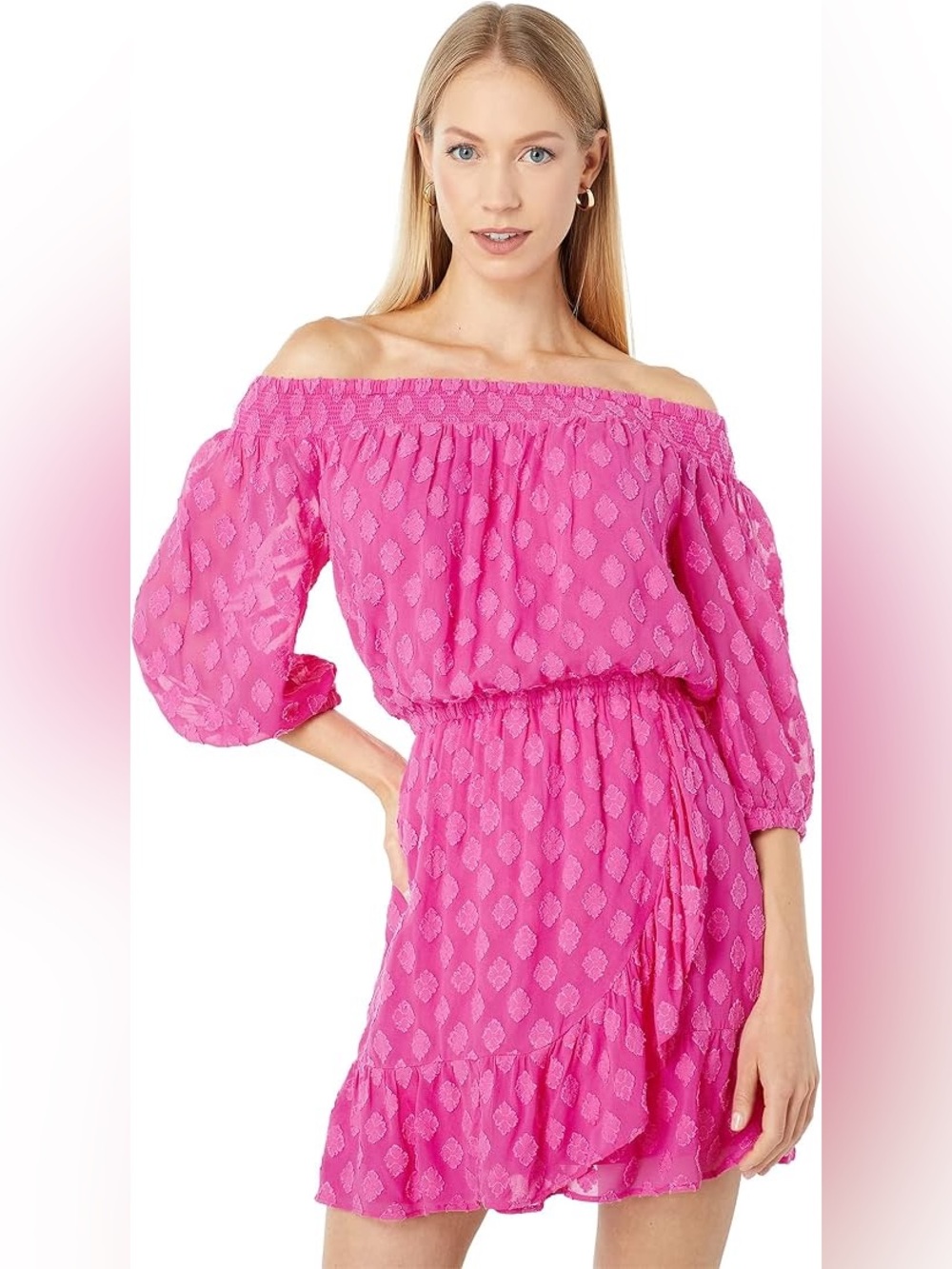 Lilly Pulitzer Rochelle Romper in Hot Pink S Small Off the Shoulder Mid Sleeve